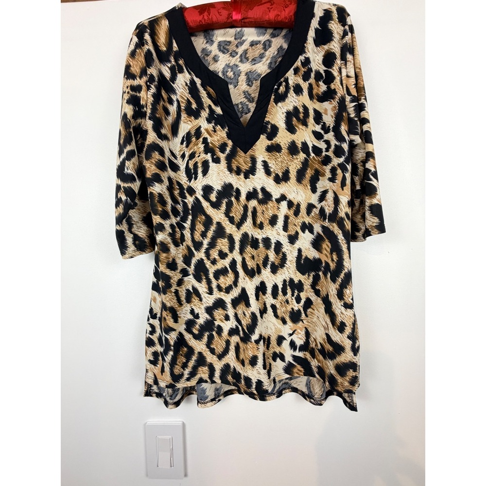 Lapis Leopard Print V-Neck Tunic Top 3/4 Sleeve Animal Print Brown Black Medium